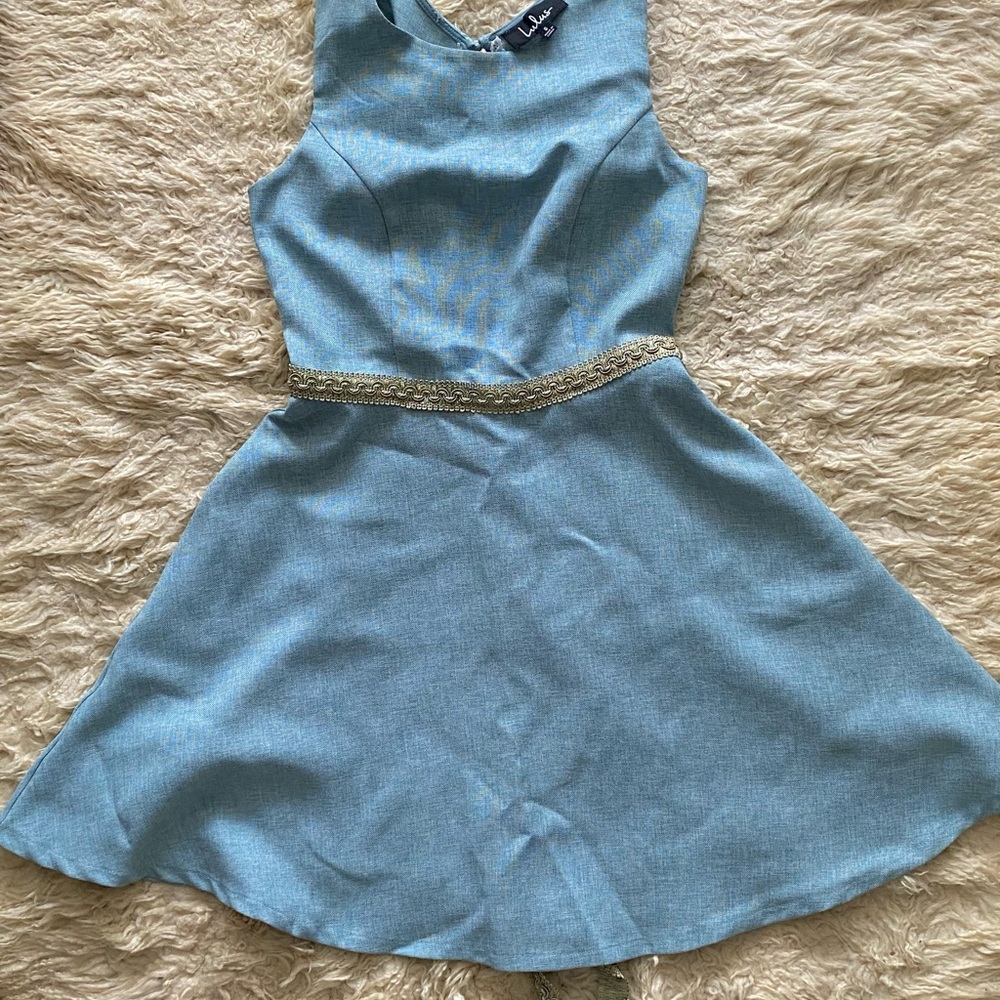 Lulu’s A-Line Keyhole Back Skater Dress with side pockets in denim blue